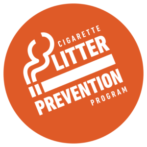 Orange circle with white letters saying "Cigarette Litter Prevention Program" and a drawing of a lit cigarette