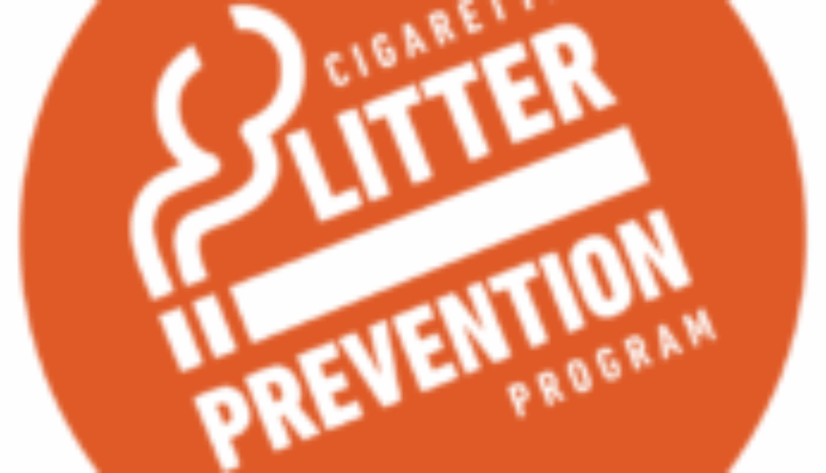 Orange circle with white letters saying "Cigarette Litter Prevention Program" and a drawing of a lit cigarette