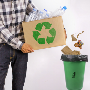 Person recycling with bins