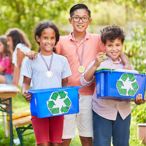 3 children with recycling bins
