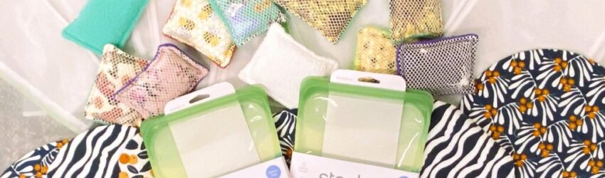 Stasher reusable sandwich bags, washable sponges, mesh produce bags, and cloth bowl covers