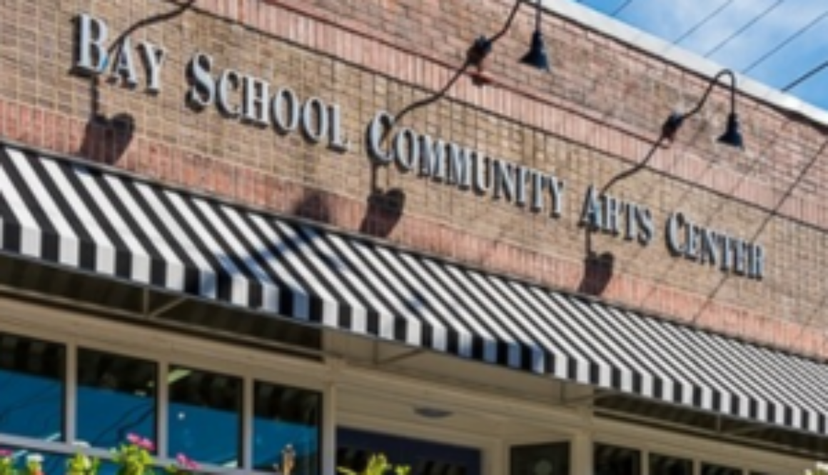 Bay School Community Arts, brick building with awning.