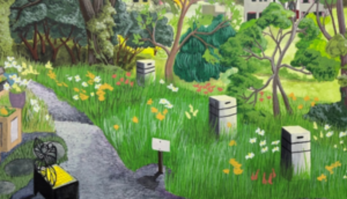Drawing of a garden path with beehives