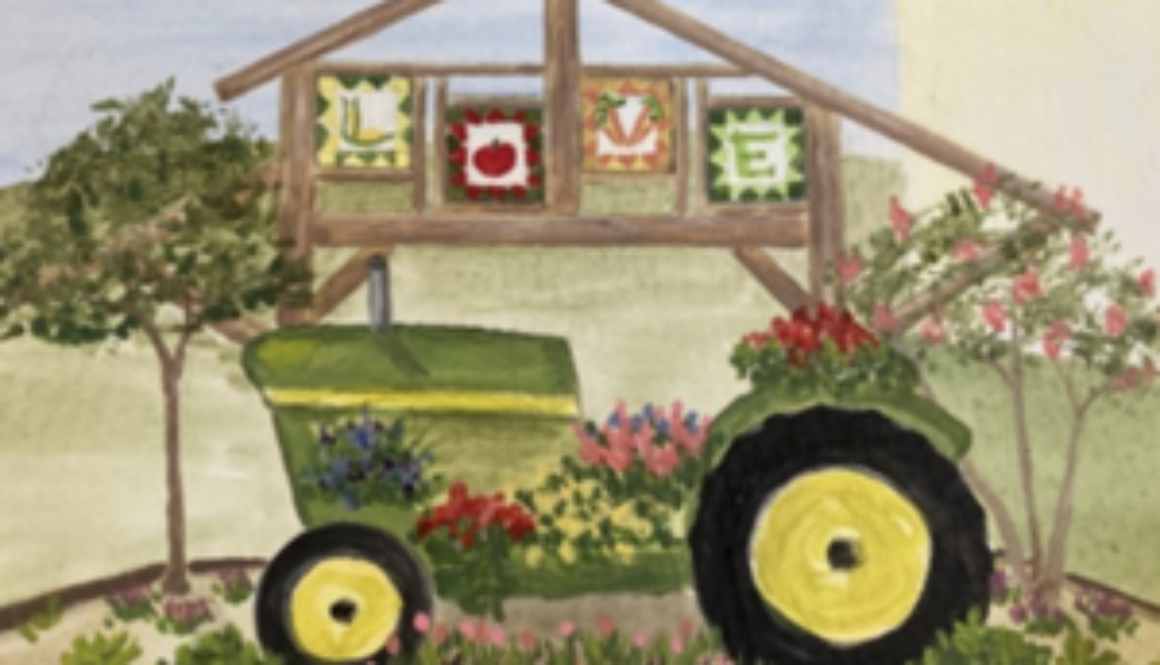 Colored drawing of a vintage tractor in a paved garden area, with a L-O-V-E sign behind it