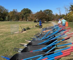 CoStar tree planting tools in wheelbarrows, ready for volunteers