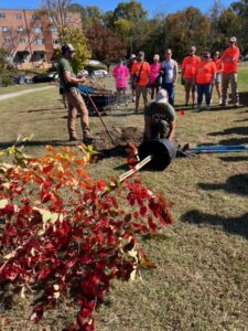 Volunteers surrounding tree planting demonstration