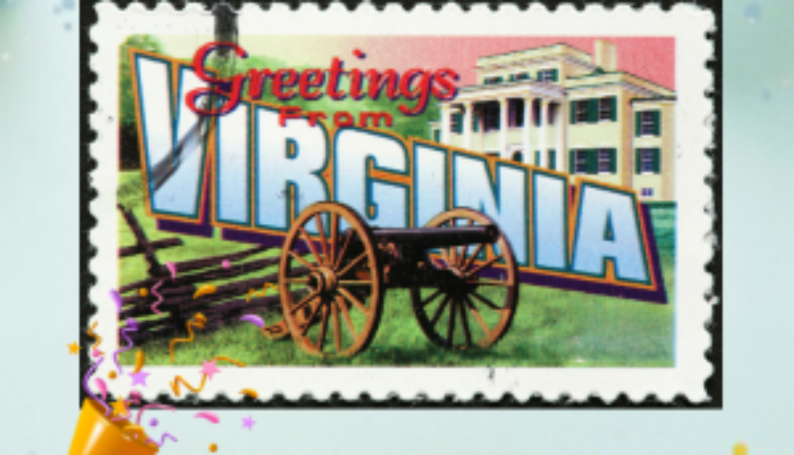 Post card with the word Virginia; balloons, confetti, and a party horn