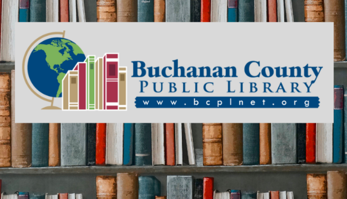 Buchanan County Public Library logo, with shelves of books