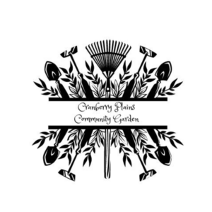 Cranberry Field Community Garden logo, drawing of rakes, shoves, hoes, and leaves
