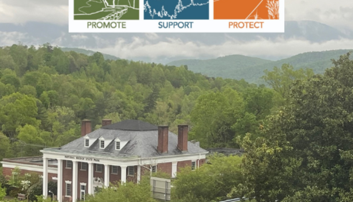 Aerial view of Natural Bridge State Park Visitor's Center with Friends of NBSP logo
