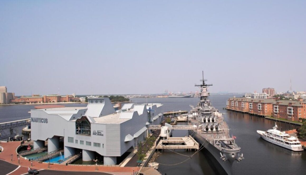 Nauticus Museum in Norfolk, VA as seen from the air