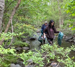 People wading in the river, picking up trash