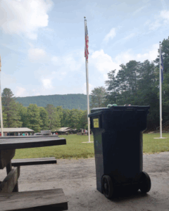 Recycling bin a summer Boy Scout Camp in scenic mountain area