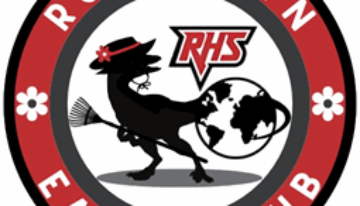 Logo for Rocktown High School's Earth Club, including a dinosaur with a rake and garden hat.