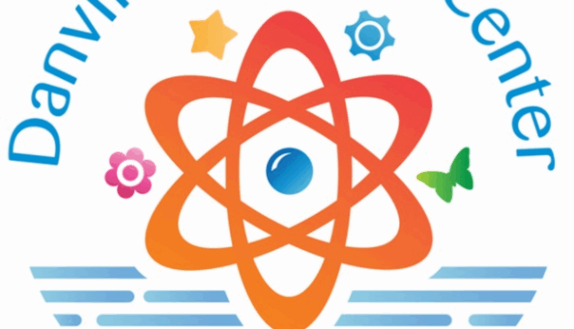 Logo for Danville Science Center with blue writing and drawn orange atom symbol