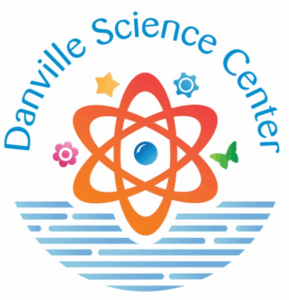 Logo for Danville Science Center with blue writing and drawn orange atom symbol