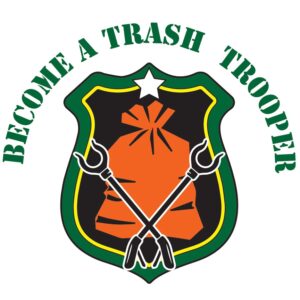 Logo for Clean Essex Committee that is a drawing of a badge with a bag of litter and two litter grabbers; words that say Become a Trash Trooper
