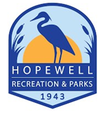 Blue and yellow drawing of a heron in front of the sun with the words Hopewell Recreation & Parks 1943
