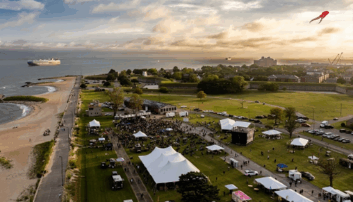 Aerial photograph of the SuperNova Alliance Ska Festival at the beach on Ft. Monroe, Hampton