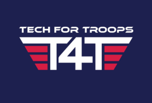 Tech 4 Troops logo that includes the name of the nonprofit, along with white T4T letters, red stripes, on a blue background