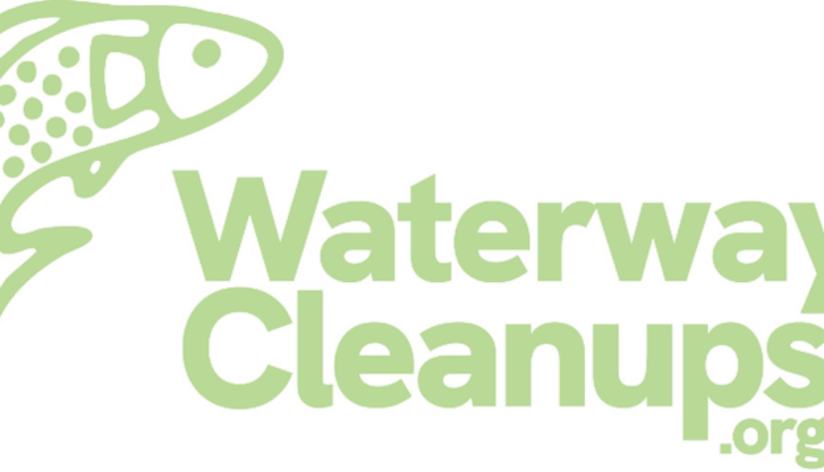 Pale green letters on a white background with the words, "Waterway Cleanups.org" and a drawing of a fish.