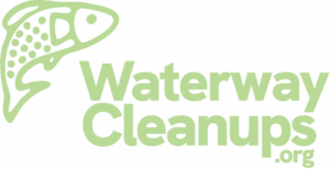 Pale green letters on a white background with the words, "Waterway Cleanups.org" and a drawing of a fish.
